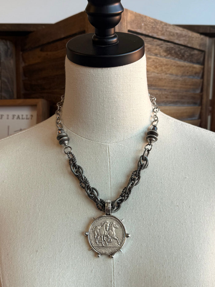 Horse coin medallion crystal necklace with round coin pendant on link chain