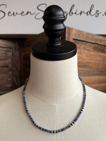Blue sodalite heishi necklace with silver bead accents, full length view