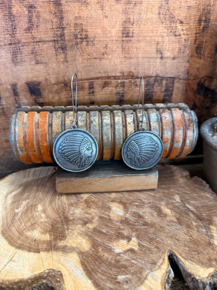 Feather coin fish hook earrings, round blue-gray discs
