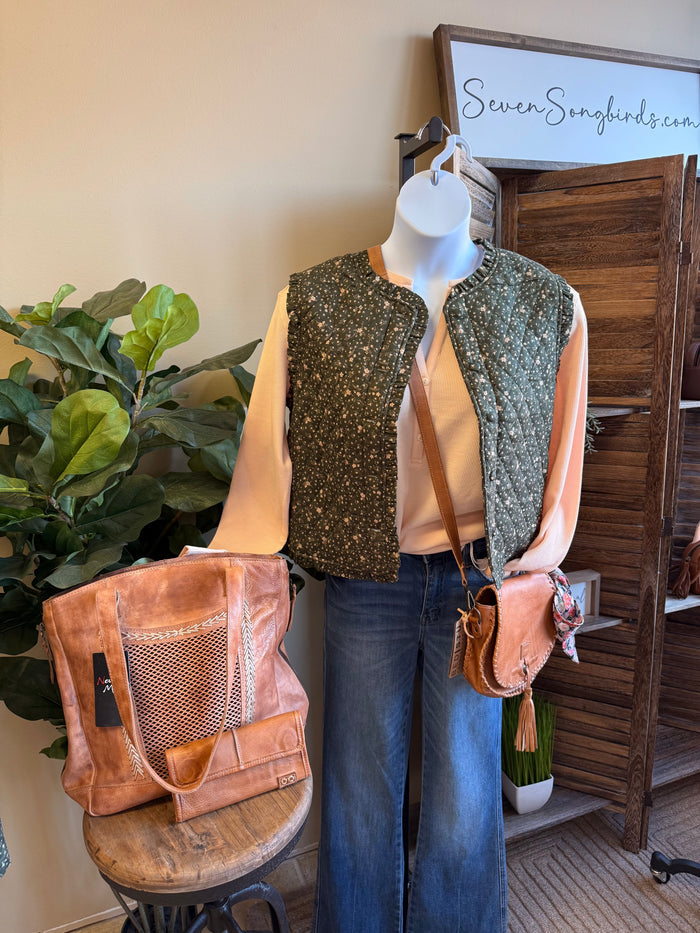 Dark green floral cotton vest with sleeveless stand collar and front button placket