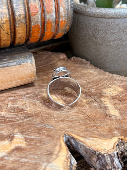 Adjustable silver-plated ring with oval blue lapis stone, side view of band