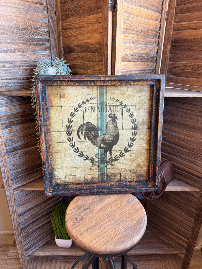 Rooster framed artwork with distressed blue border and vintage-style rooster print