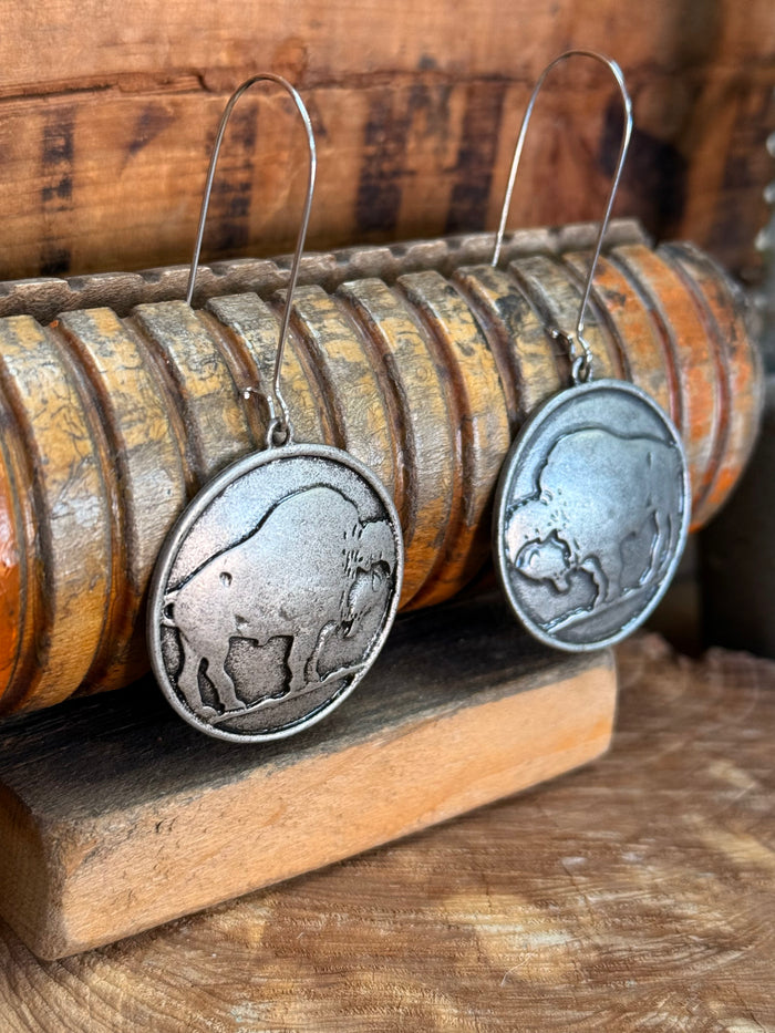 Pair of large round buffalo coin fishhook earrings