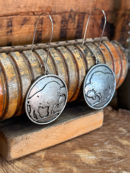 Pair of large round buffalo coin fishhook earrings