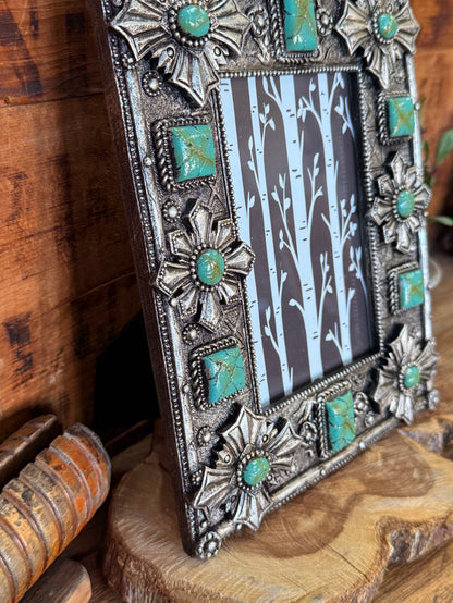 Silver Cross turquoise 4x6 photo frame detail of silver floral corners and turquoise insets