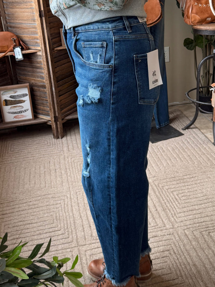 Mica barrel jeans in dark blue wash, cuffed cropped hem with ripped back pocket detail