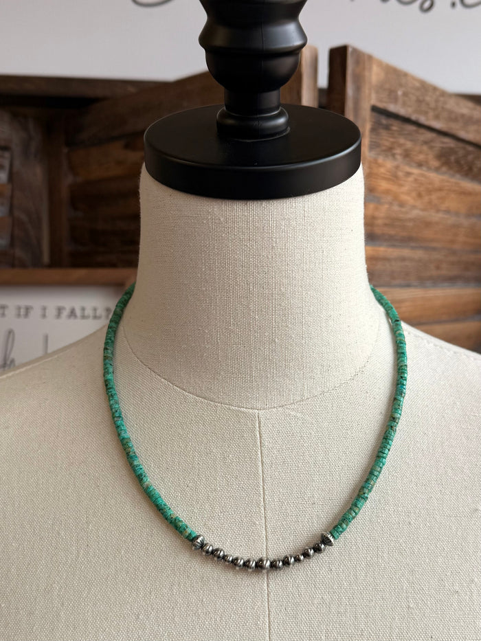 Turquoise heishi necklace with sterling pearl bead stations