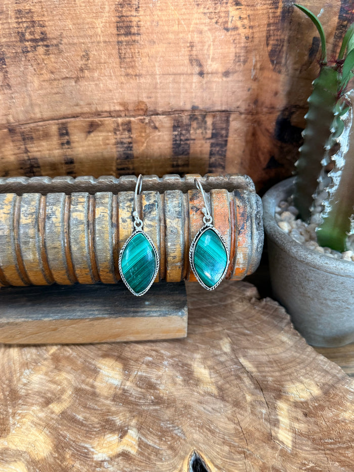 Malachite stone fishhook earrings, oval teal cabochons in silver-tone settings