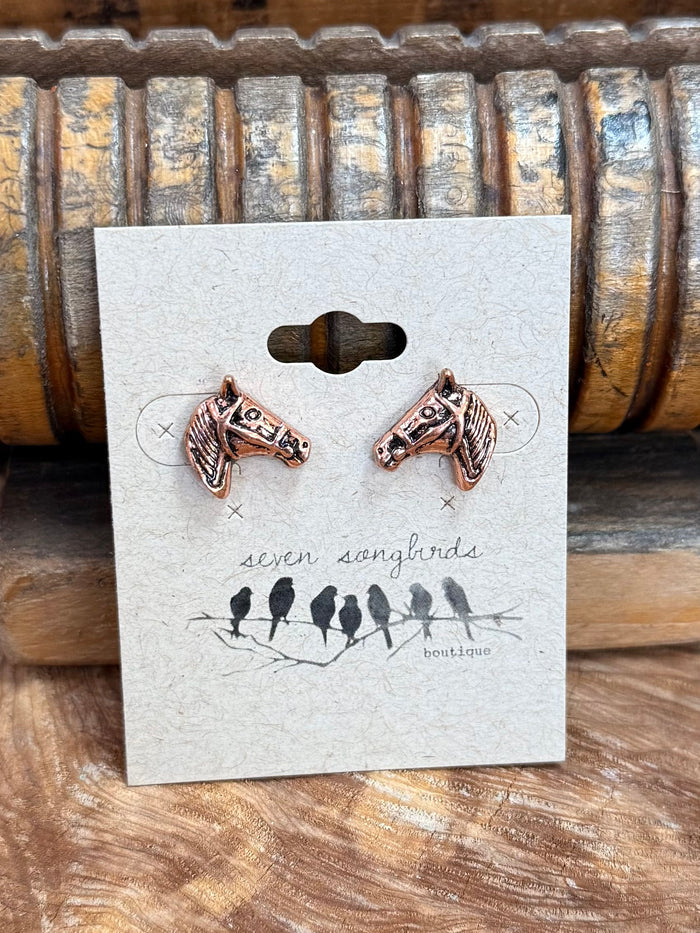 Horse head stud earrings, copper tone horse head studs with engraved pattern on card