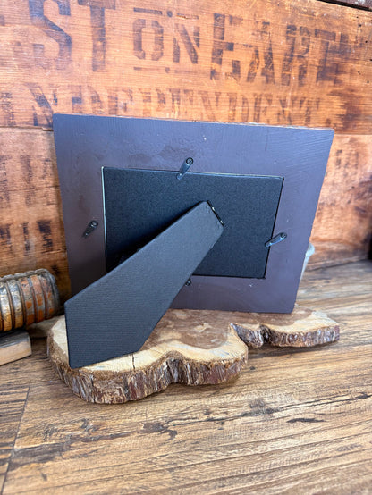 4x6 faux leather frame back with hanging hardware on dark backing