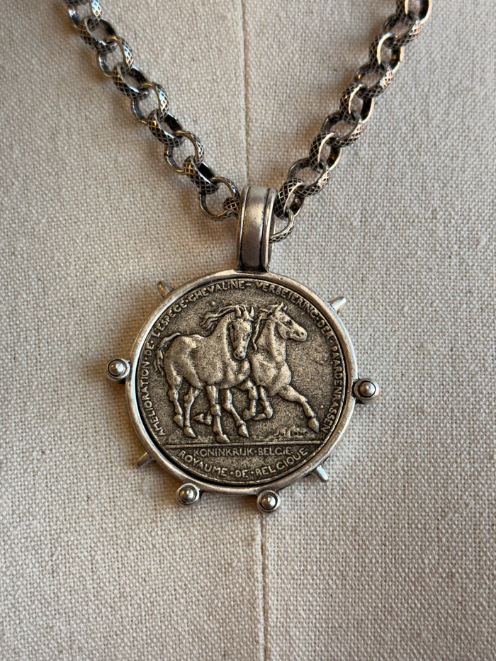 Round horse coin medallion pendant on silver-tone chain