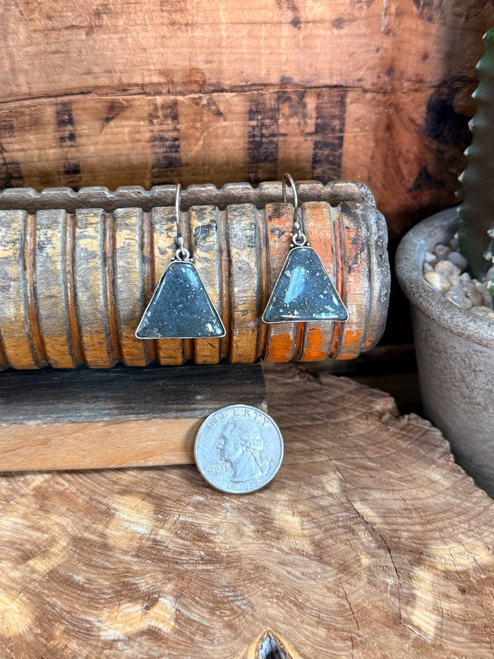 Blue triangular stone fishhook earrings, silver-plated, shown with coin size