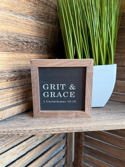 4x4 framed artwork with wood frame and dark slate panel, 'Grit & Grace' verse text