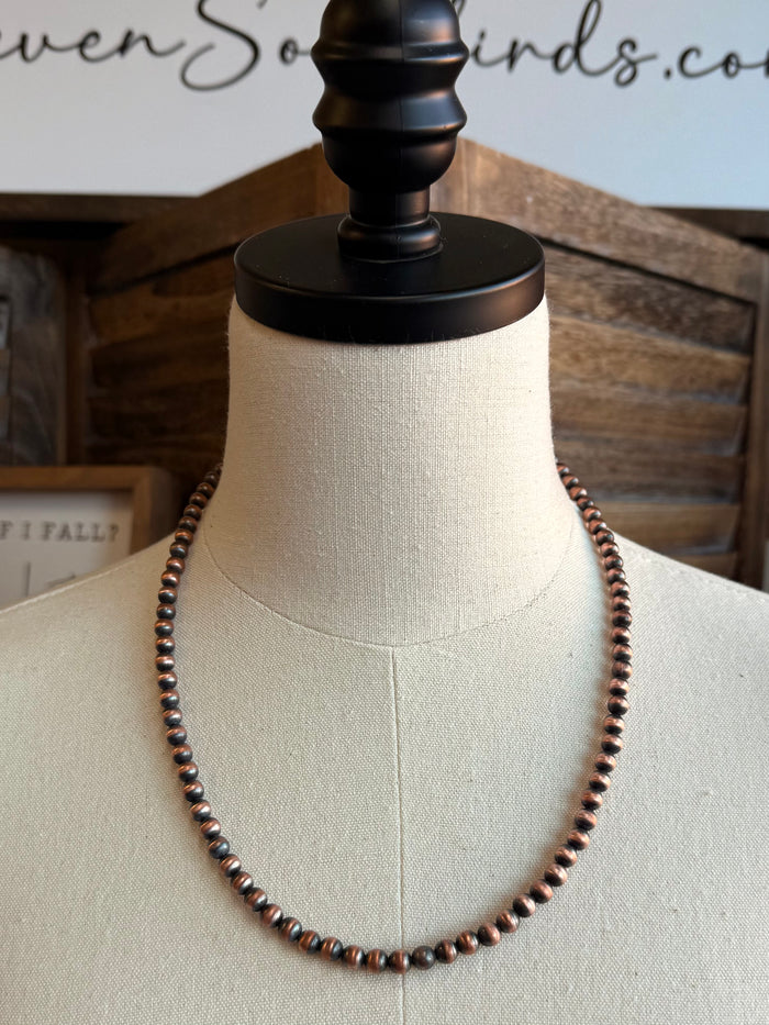 Copper bead necklace front view on mannequin, smooth bead chain