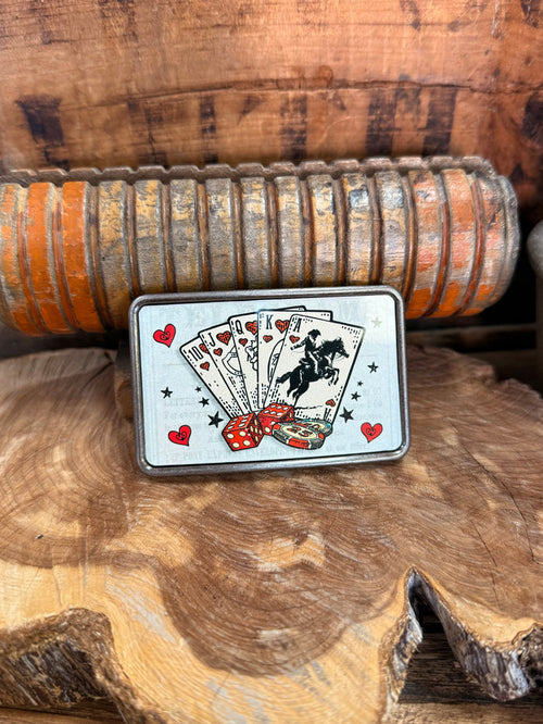 Cowboy royal flush belt buckle with playing cards and hearts graphic, rectangular metal frame