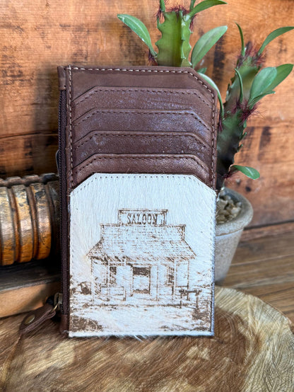 Brown cowhide card coin wallet with card slots and white printed building graphic
