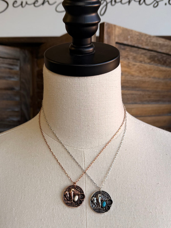 Coin necklace with two round stone pendants on thin V-shaped chains, copper and silver