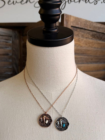 Coin necklace with two round stone pendants on thin V-shaped chains, copper and silver