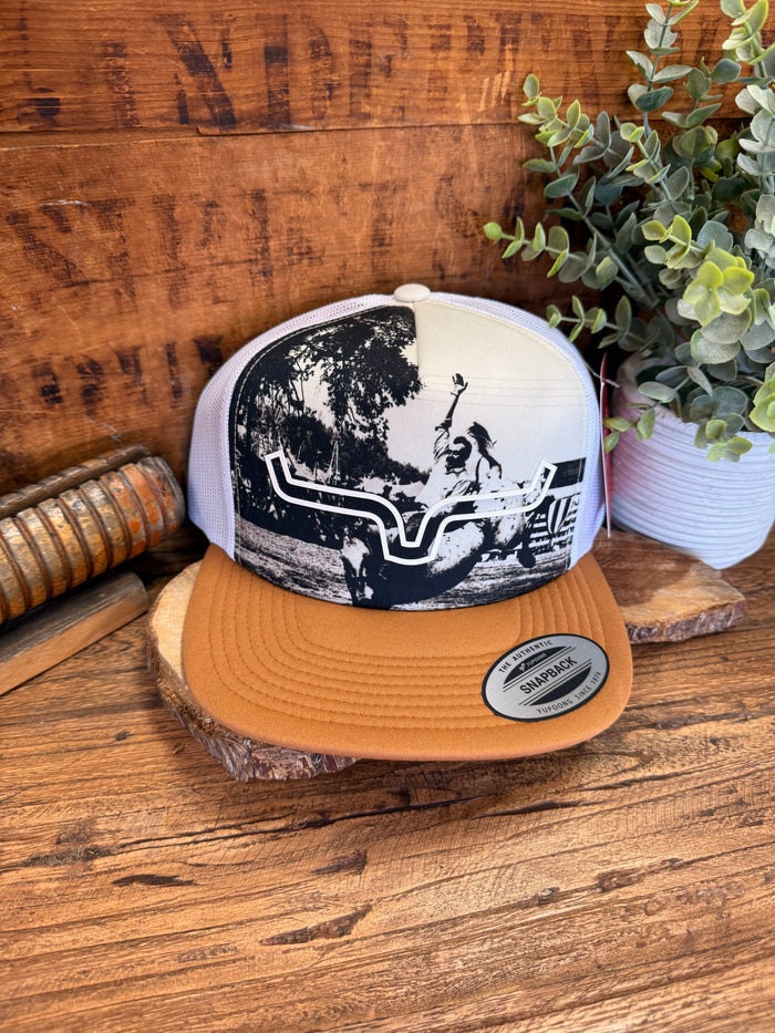 Beige trucker cap with black-and-white western graphic and tan brim