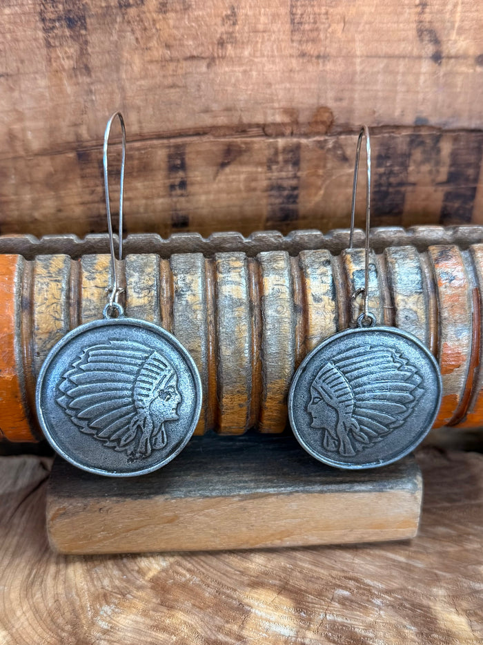 Round feather medallion fish hook earrings, textured blue-gray finish