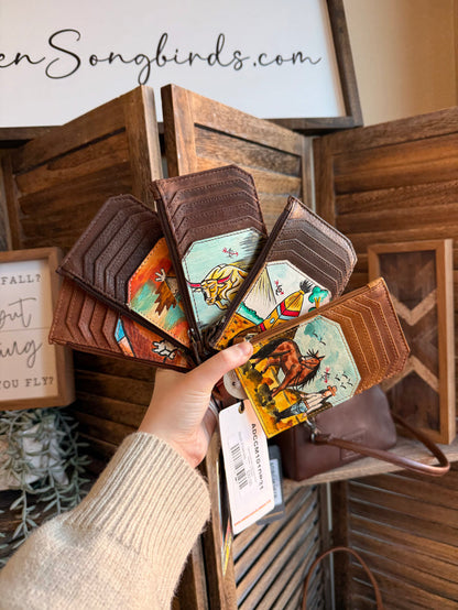 Hand-painted card and coin wallet, stacked and held, with colorful animal and rider designs