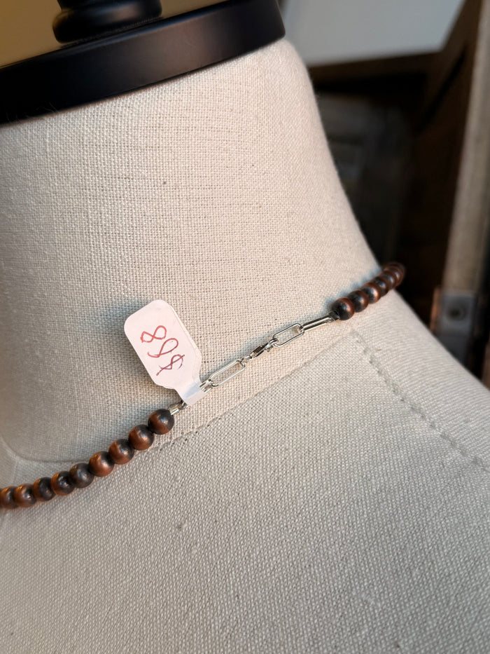 Genuine copper beaded necklace with lobster clasp and pink brand tag