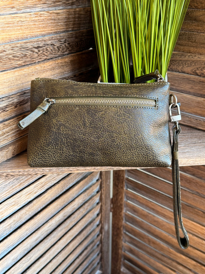 Olive mini wristlet bag with zip closure, wrist strap and metal hardware