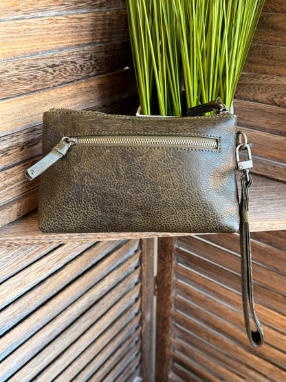 Olive mini wristlet bag with zip closure, wrist strap and metal hardware
