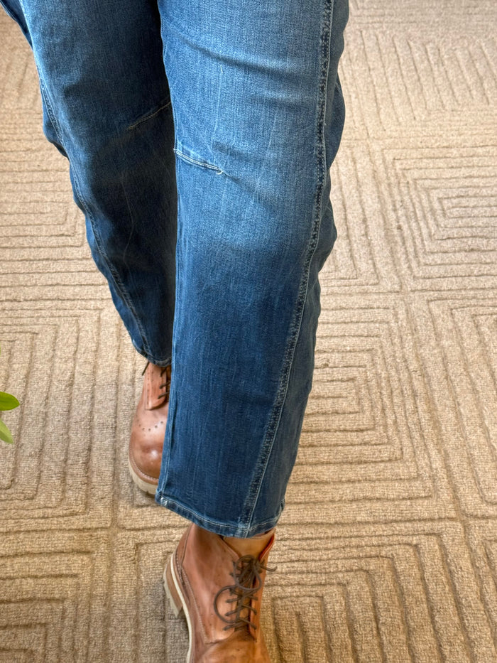 Zenana women's cropped barrel jeans, close-up of medium-blue leg with slight distressing