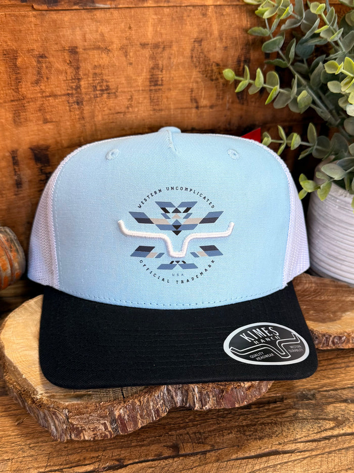 Light blue Kimes cap with black brim and embroidered western logo on front
