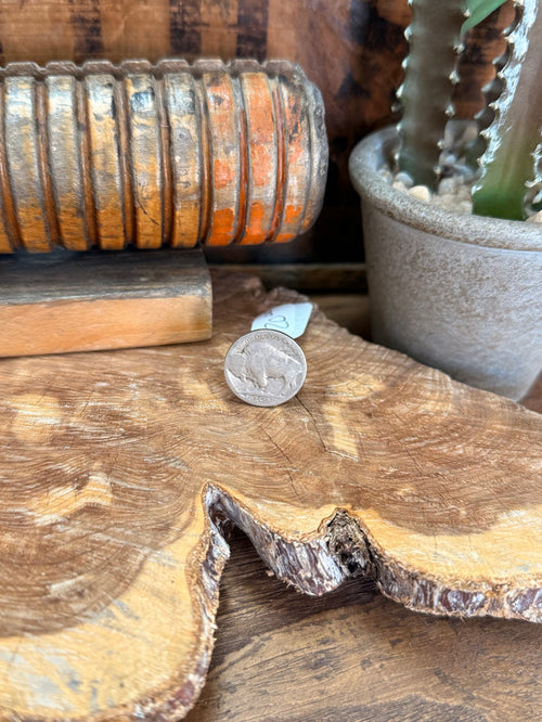 Buffalo scarf slide, round silver-tone pendant with buffalo relief and light blue label
