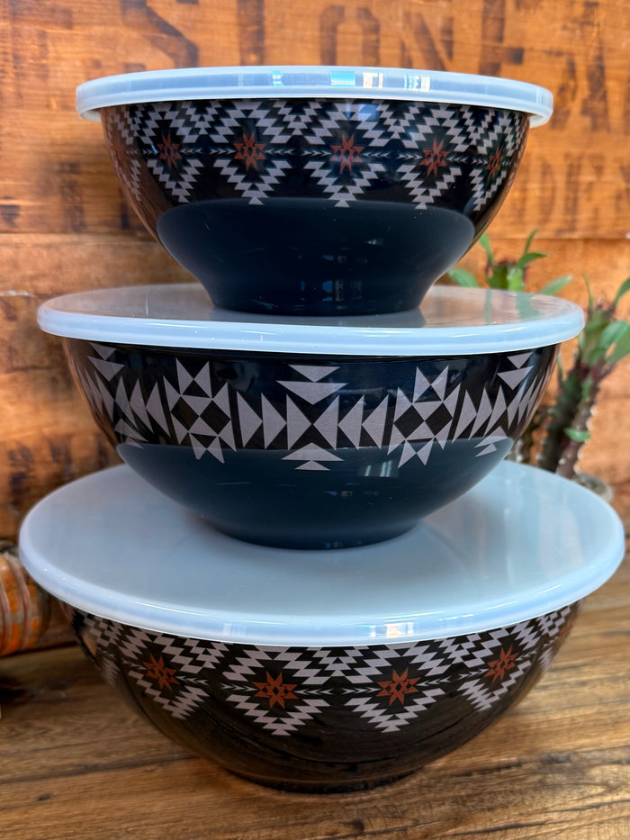 Stack of black Aztec melamine bowls with light blue lids, geometric black and white pattern