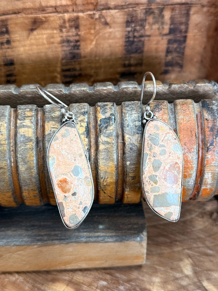 Oval jasper drop fishhook earrings with silver-tone frames and speckled stone texture