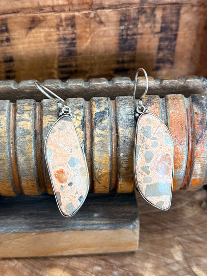 Oval jasper drop fishhook earrings with silver-tone frames and speckled stone texture