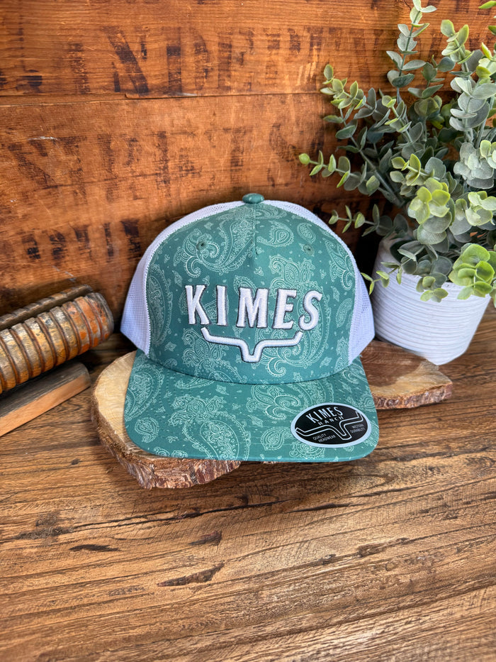 Green paisley baseball cap with KIMES front patch and black side badge