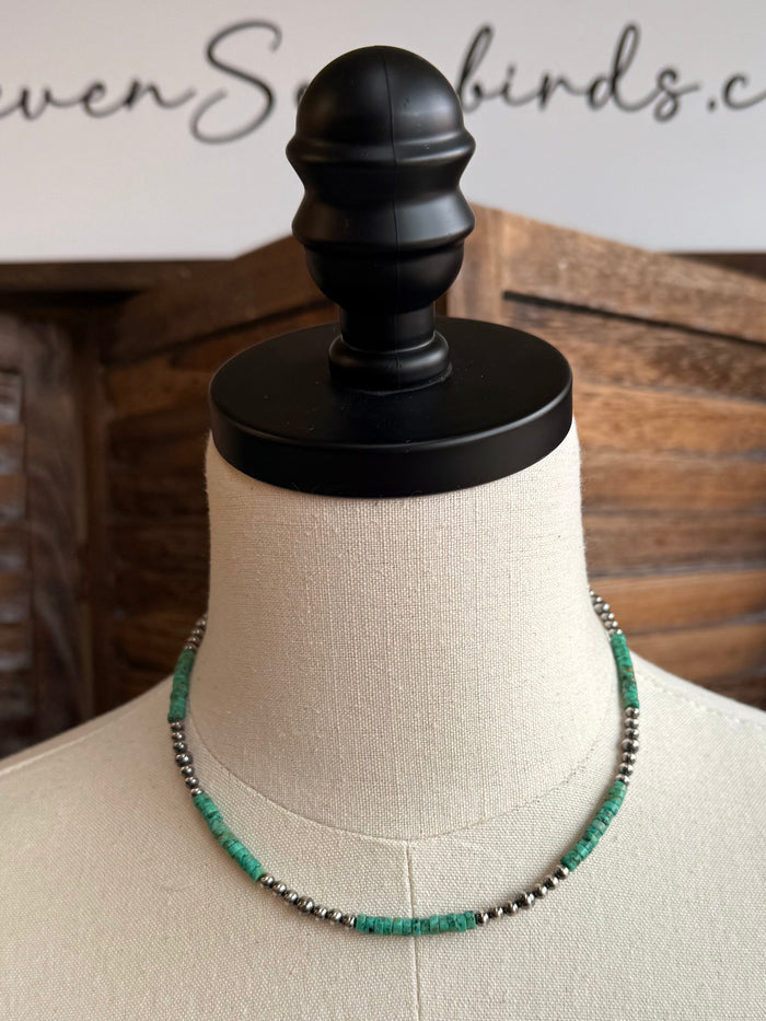 Green turquoise heishi bead necklace with sterling silver beads and pearl details