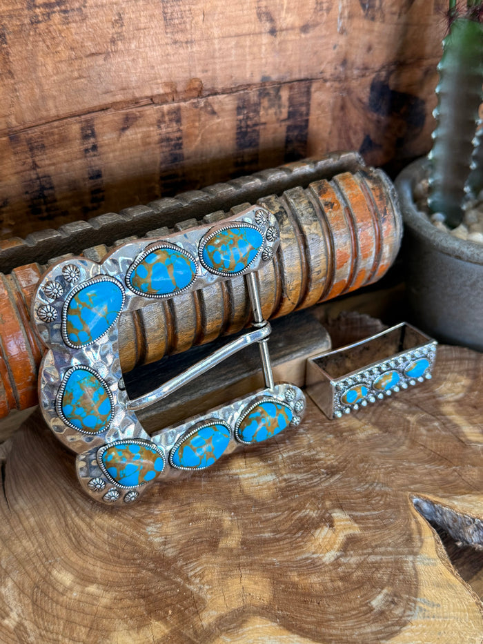 Turquoise oval stone belt buckle set with keeper and extra matching buckle piece