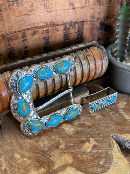 Turquoise oval stone belt buckle set with keeper and extra matching buckle piece