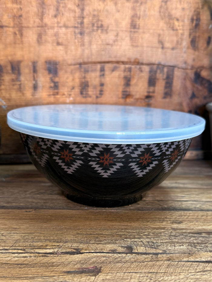 Black Aztec melamine bowl with light blue lid, centered geometric motif on black base