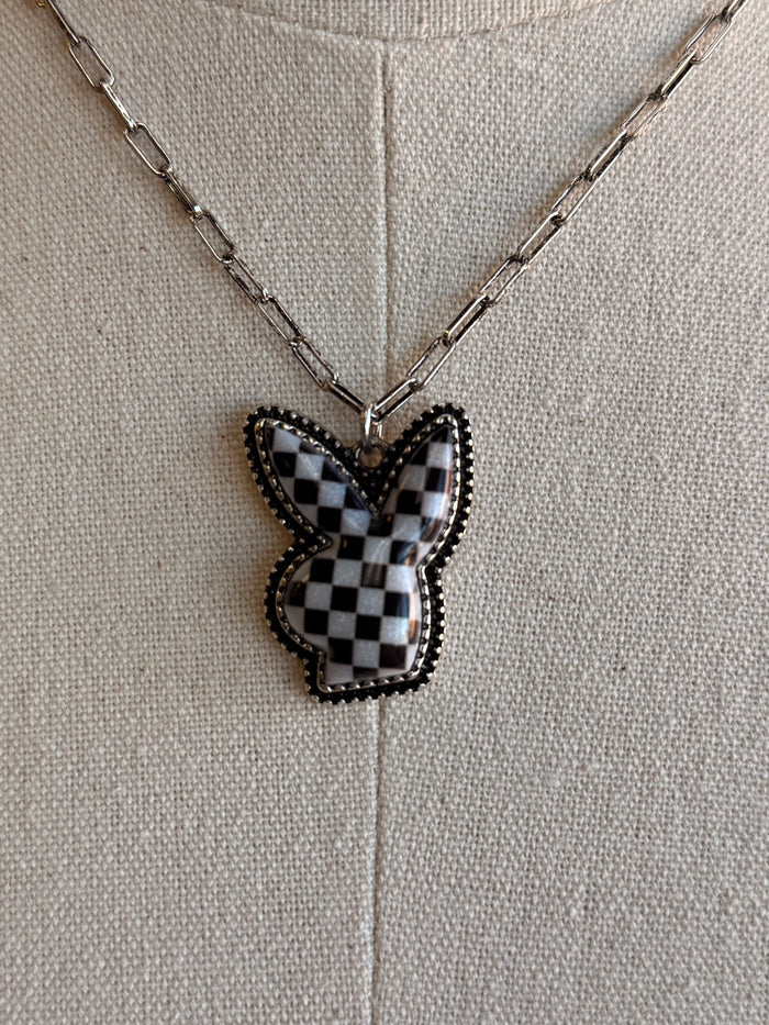 Checkered bunny pendant necklace with black and white enamel, silver chain