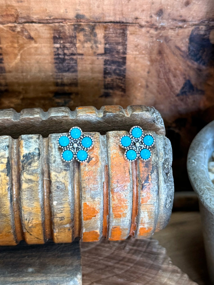Turquoise flower cluster stud earrings on silver posts