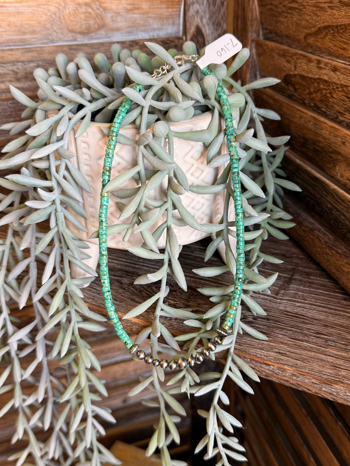 Green turquoise heishi beaded necklace with sterling silver pearl accents