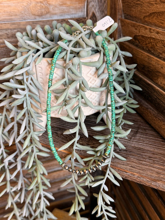 Green turquoise heishi beaded necklace with sterling silver pearl accents