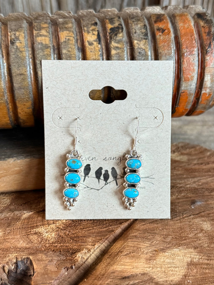 Sterling silver turquoise triple-stacked cluster drop earrings, front view with three turquoise stones