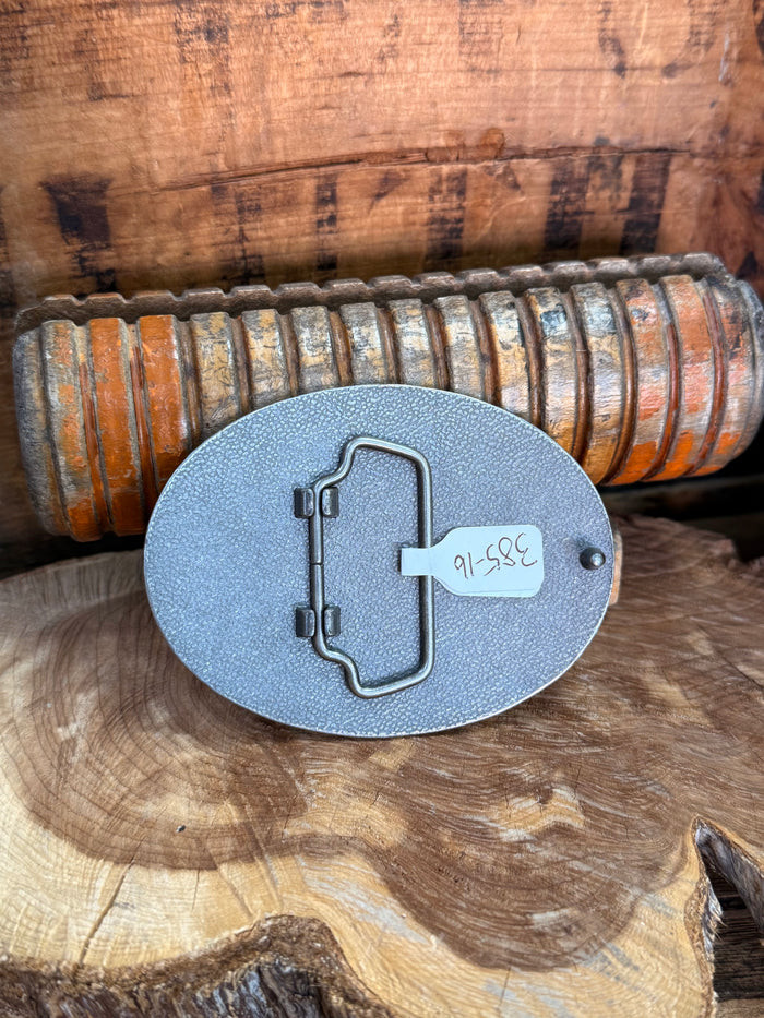 Oval belt buckle backplate in blue metal with U-shaped clasp and pin hardware
