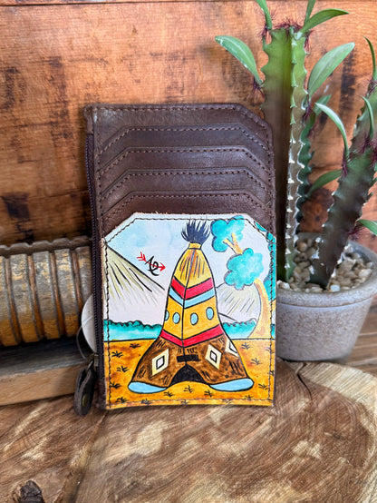 Hand-painted card and coin wallet with brown leather, tepee and sky illustration on front