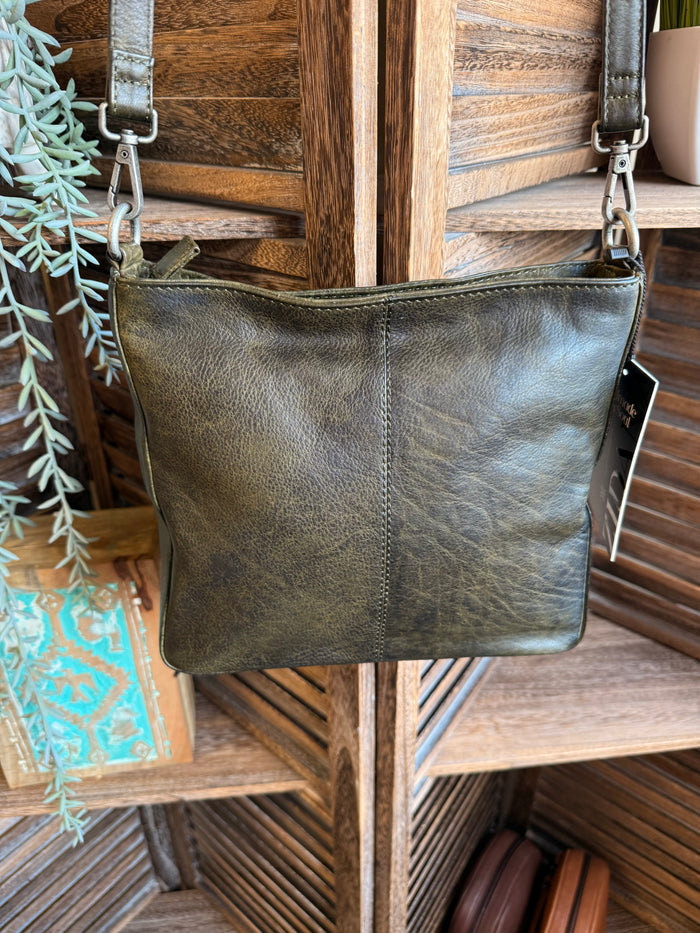 Olive leather crossbody bag with smooth front panel and adjustable chain strap.