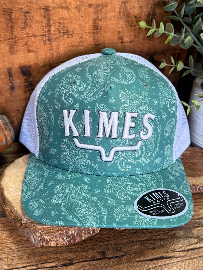 Green paisley baseball cap with large KIMES front lettering and black circular badge