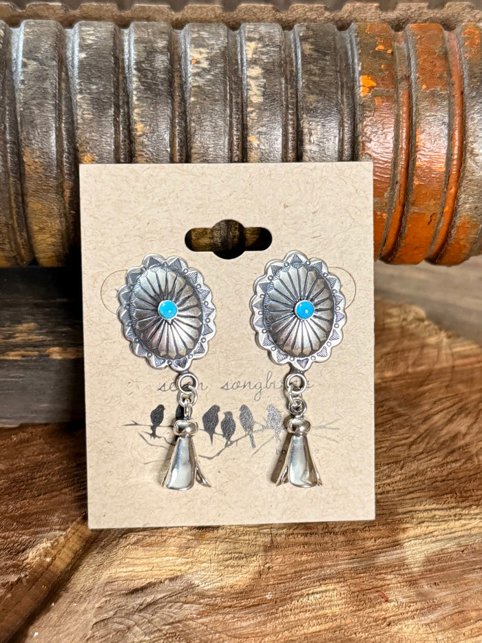 Turquoise concho stud earrings with silver floral discs and dangling bell charms