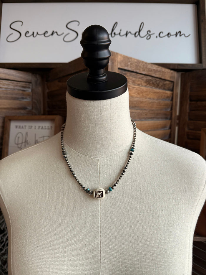 Sterling silver necklace with turquoise beads and running horse pendant, bead chain
